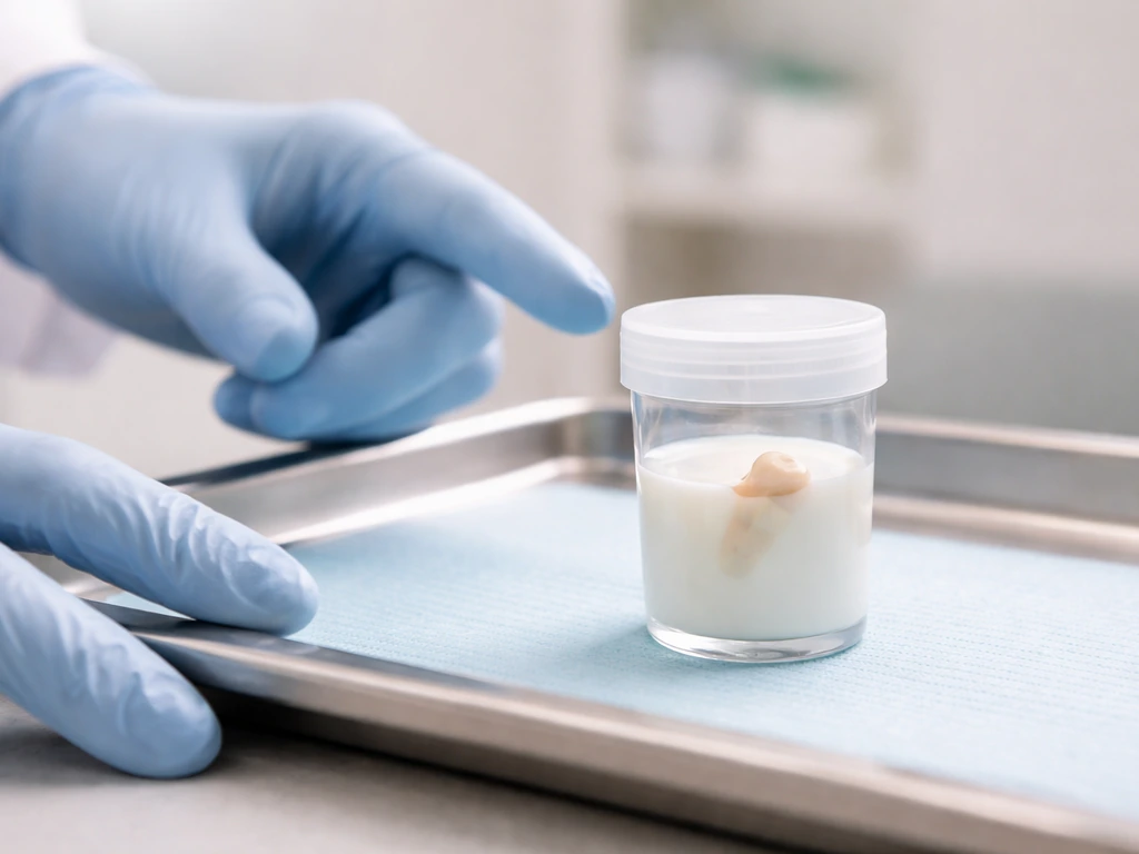 Clipped clean container holding a knocked-out tooth in milk with a clinician’s gloved hand ready to act