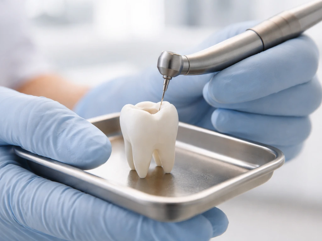 Gloved dental hands and a handpiece over a tooth model, conveying fillings restore teeth but don’t regrow.
