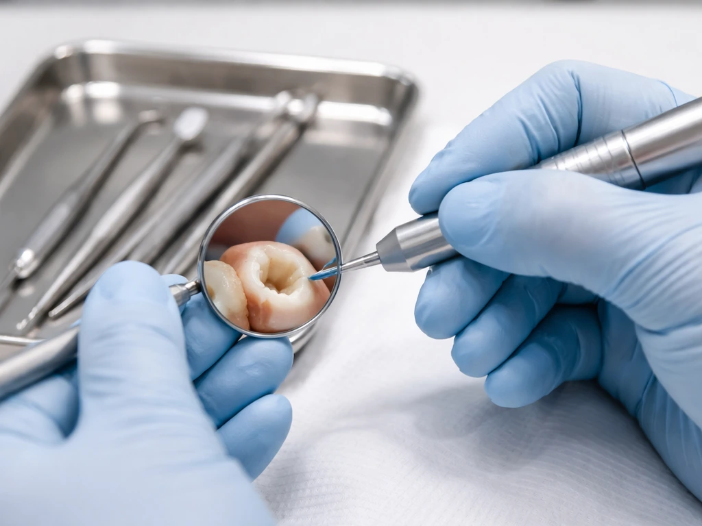 Dentist’s gloved hand placing a dental filling into a prepared tooth cavity on a clinical tray