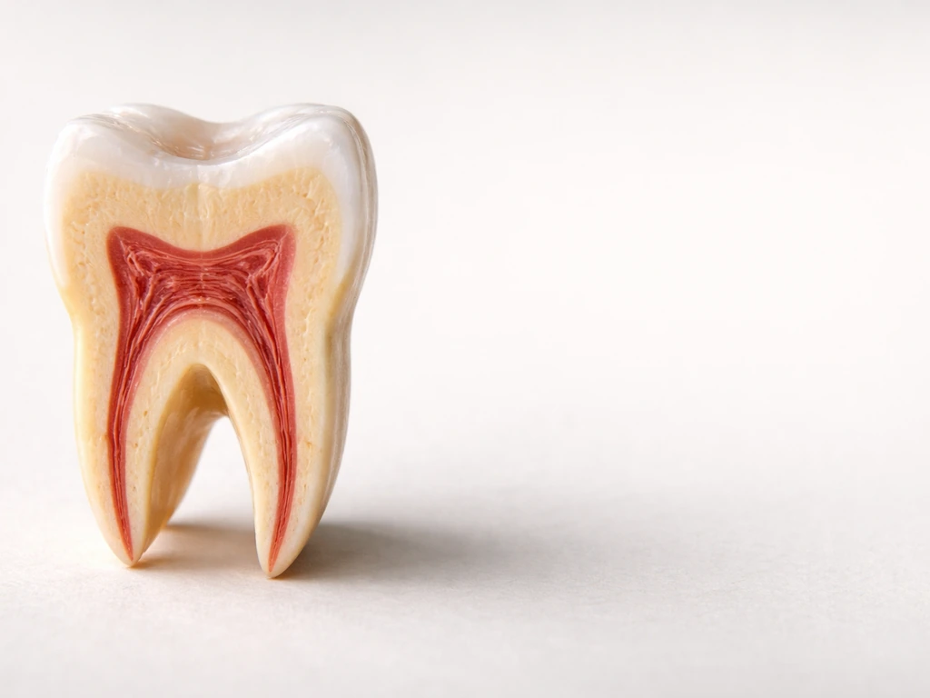 Macro cross-section tooth with enamel highlighted against a plain background, no text callouts.