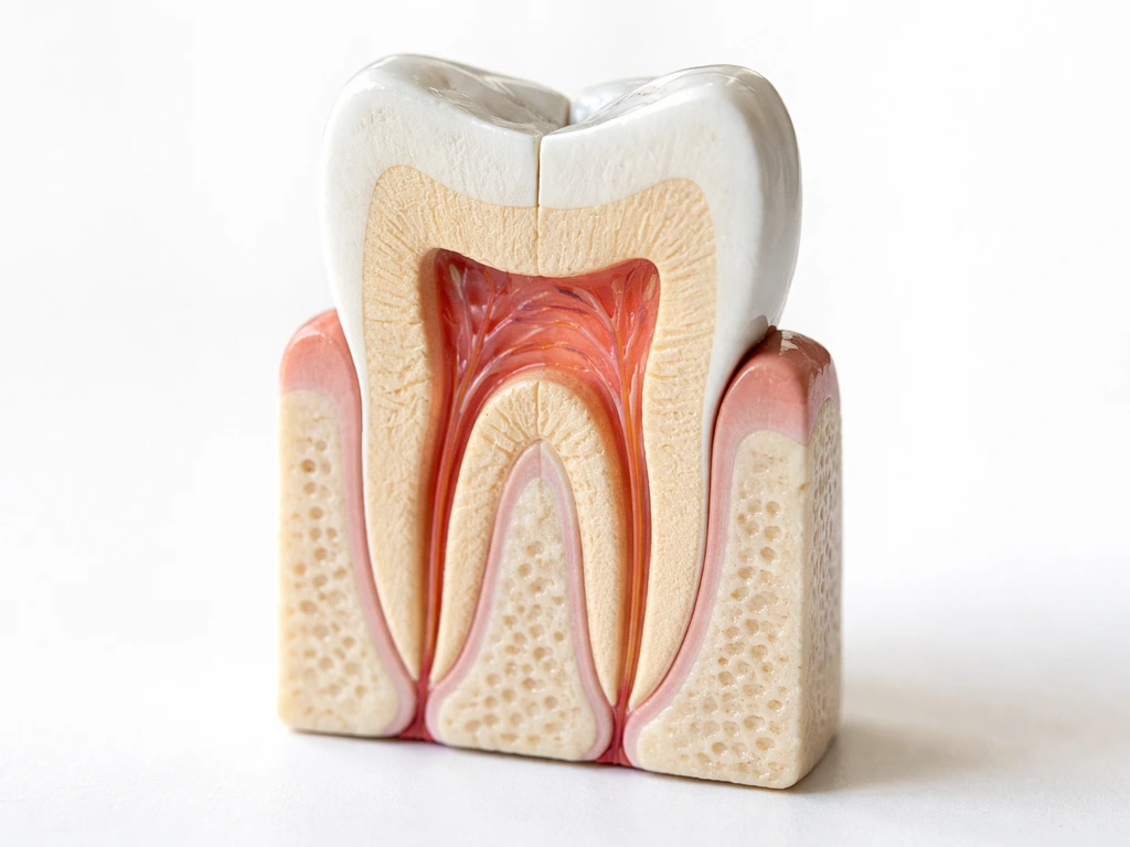 Close-up of a cutaway dental model showing tooth layers and central pulp chamber with tiny nerve fibers.