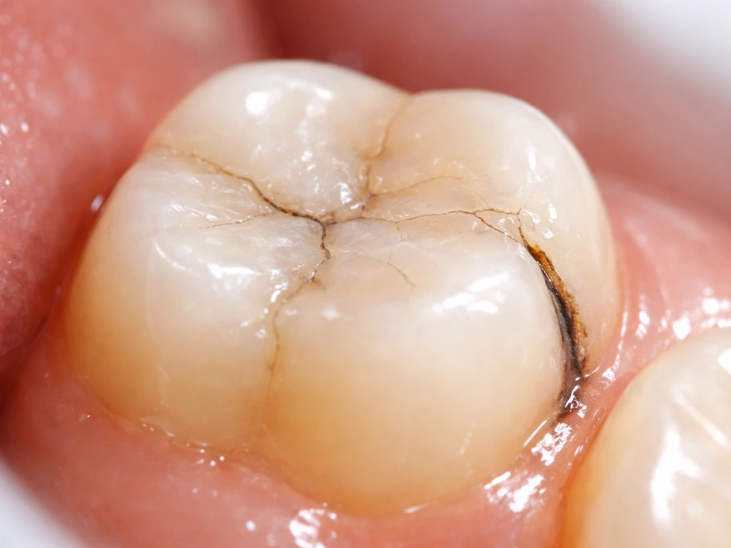 Dental close-up showing a cracked filling and small dark gaps around its edges on a molar
