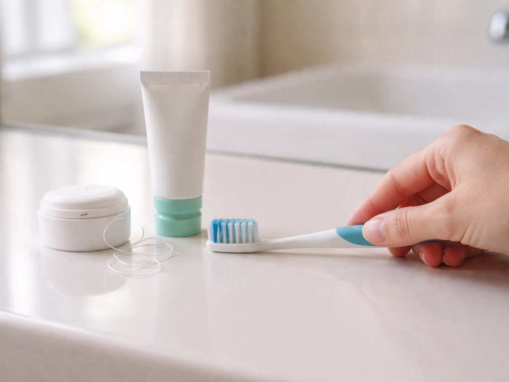 Hand holding a toothbrush next to a tube of fluoride toothpaste and floss on a bathroom counter.