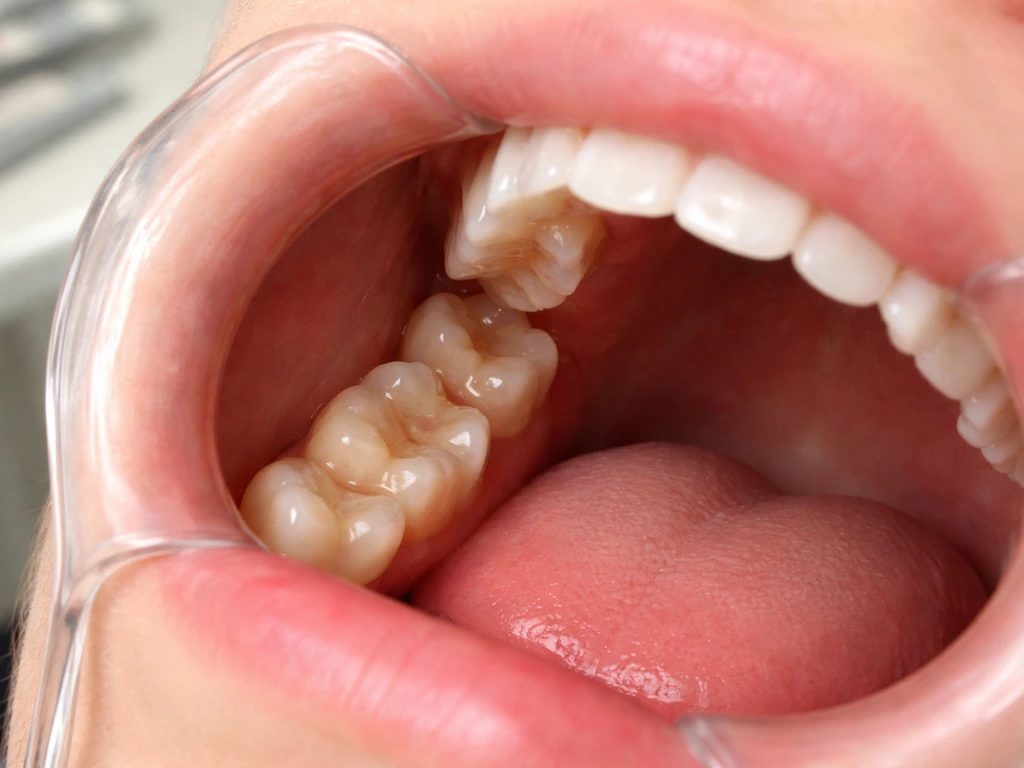 Open mouth showing crowded, tilted partially erupted wisdom teeth at the back of the jaw.