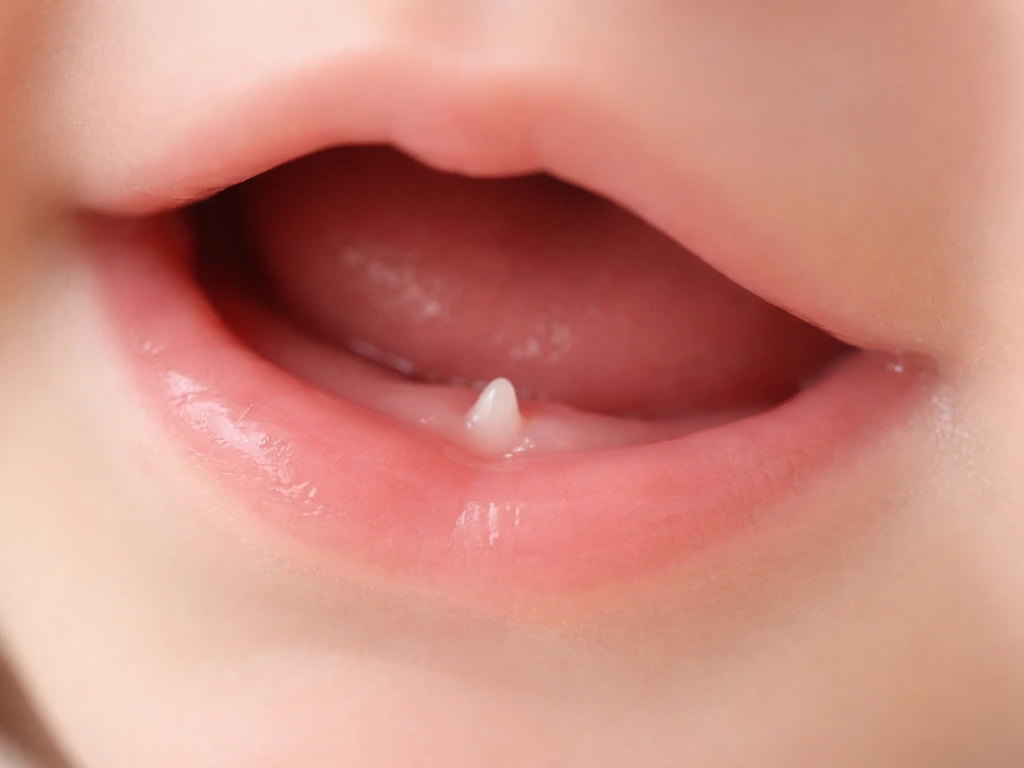 Close-up of a baby's gums with a small baby tooth just breaking through