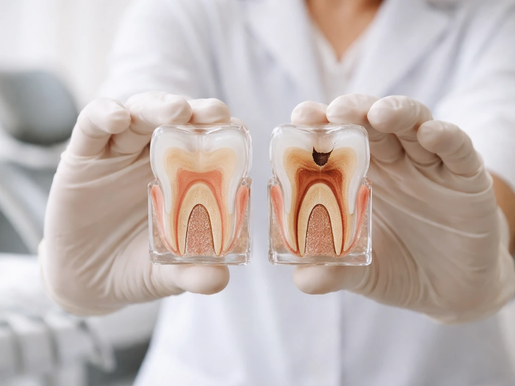 Dental clinician holds two small enamel models: early white-spot recovery vs a formed cavity crater.