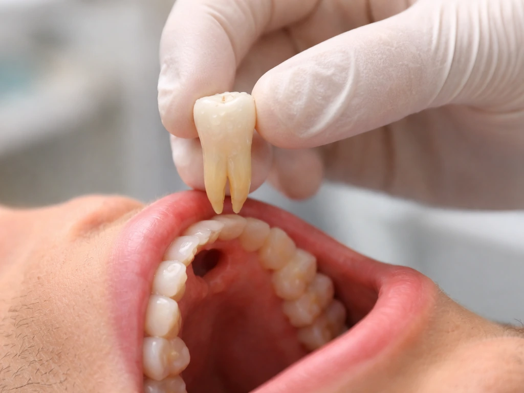 Gloved hands place a rinsed knocked-out tooth by the crown into a dental socket in emergency care.