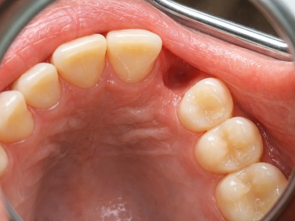 Upper rear quadrant view showing a wisdom tooth erupting in the upper jaw area.