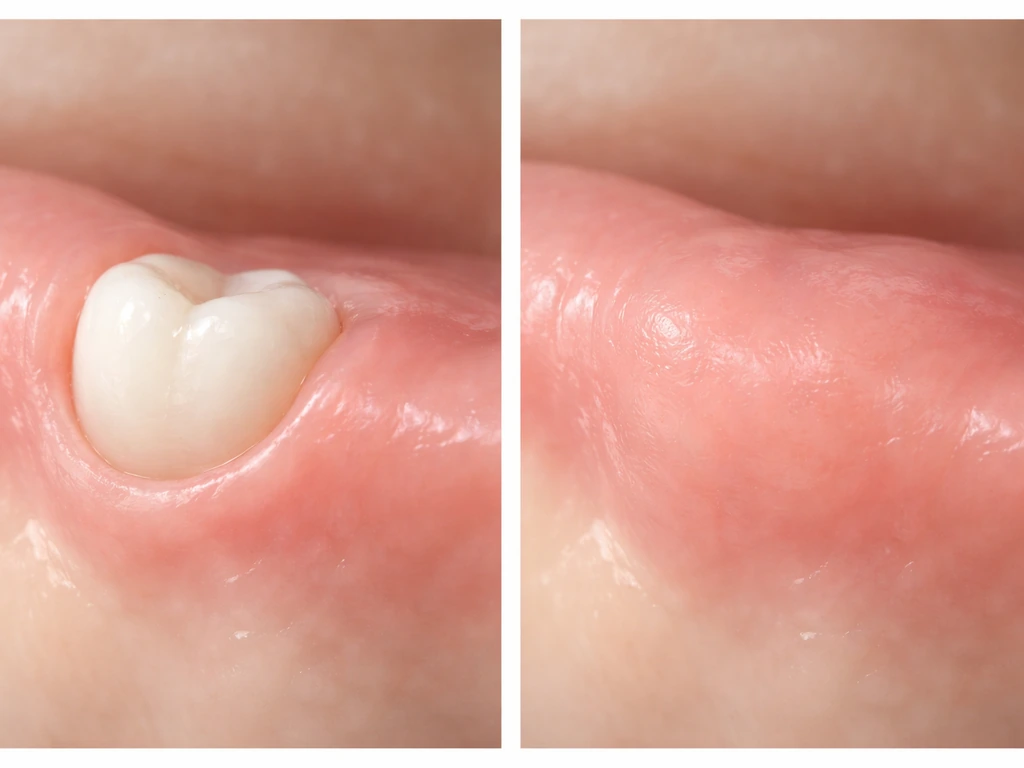 Side-by-side medical closeups: a tooth erupting through gum versus a tooth staying covered by gum.