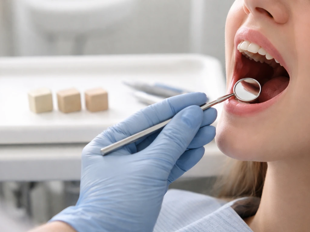 Gloved dental hands near an open mouth with a simple tray of unlabeled tokens suggesting timing variation