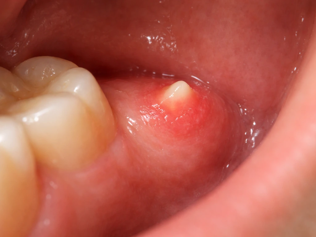 Close-up of gum tissue behind a last molar showing mild inflammation consistent with normal eruption.