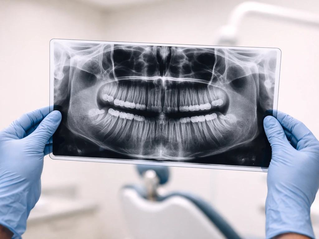 Dentist assistant holds a dental panoramic X-ray film with wisdom teeth area visible under clinic lighting.