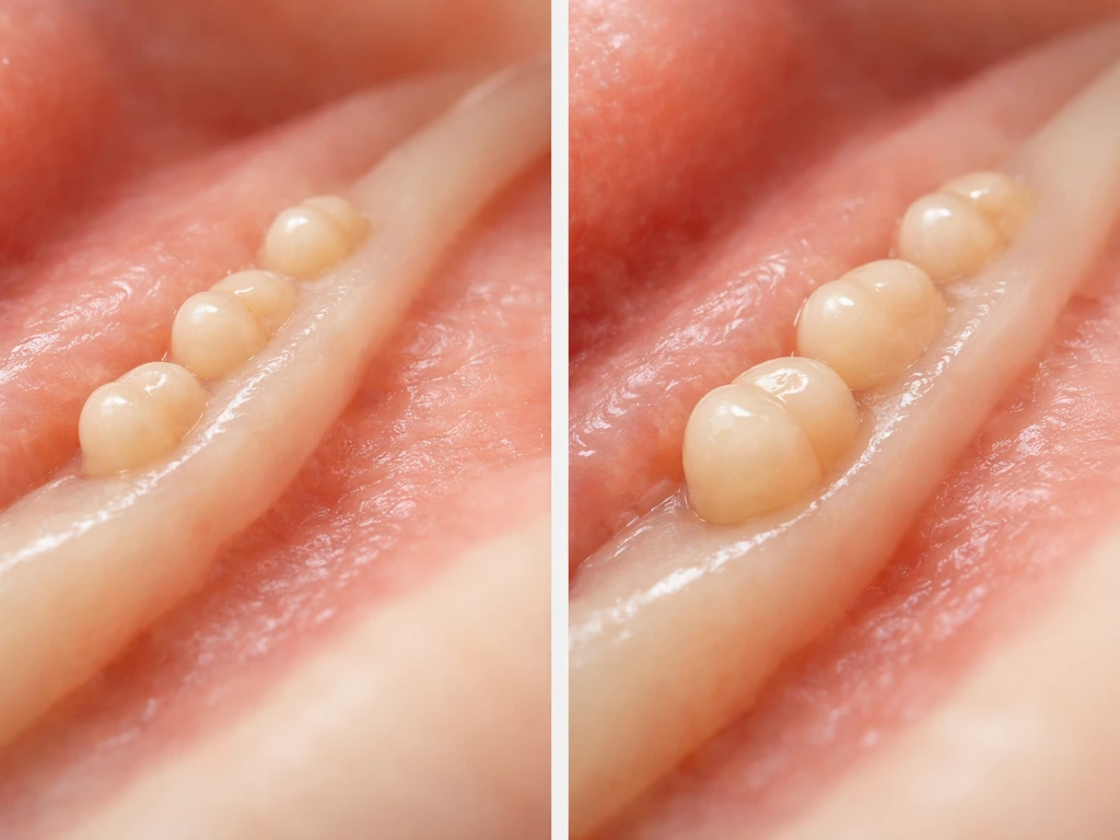 Minimal side-by-side anatomical view of early vs later tooth buds along a dental lamina.
