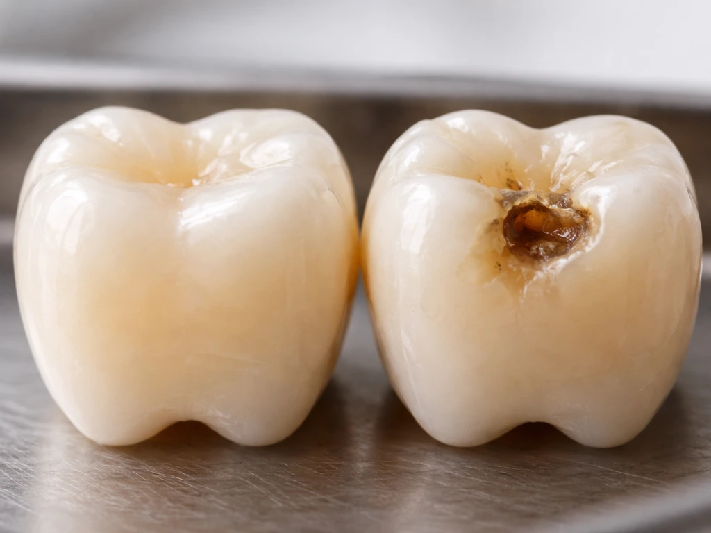 Close-up macro view of a tooth showing early enamel remineralization vs missing enamel that can’t regrow.