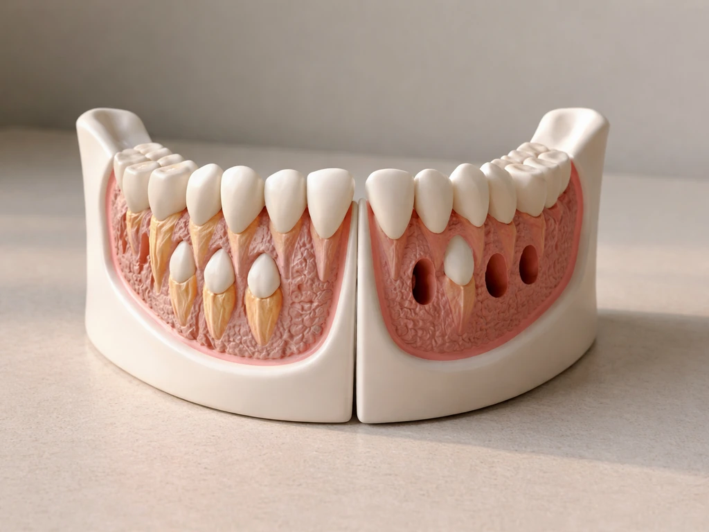 Close-up dental jaw model showing normal tooth buds on one side and missing buds on the other.