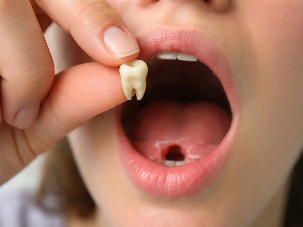 A single permanent tooth resting in a hand above an open mouth with a visible empty socket.