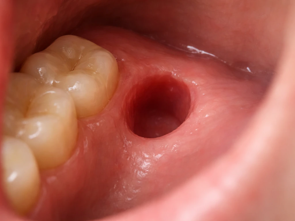 Close-up of an adult tooth leaving an empty socket with no regrowth visible.