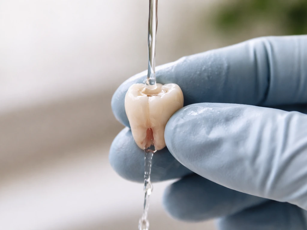 Gloved fingers holding a knocked-out tooth by the crown while it’s gently rinsed with clean water.