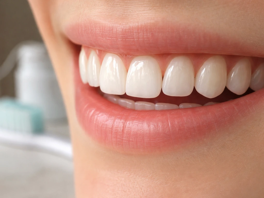 Close-up of natural front teeth with crisp enamel contours and a softly blurred toothbrush in the background.
