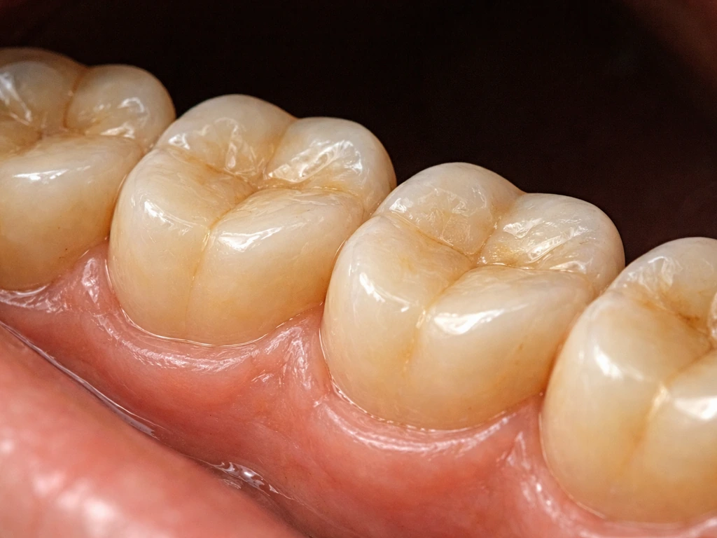 Close-up of molars showing polished, flattened chewing surfaces and worn tooth cusps from grinding.