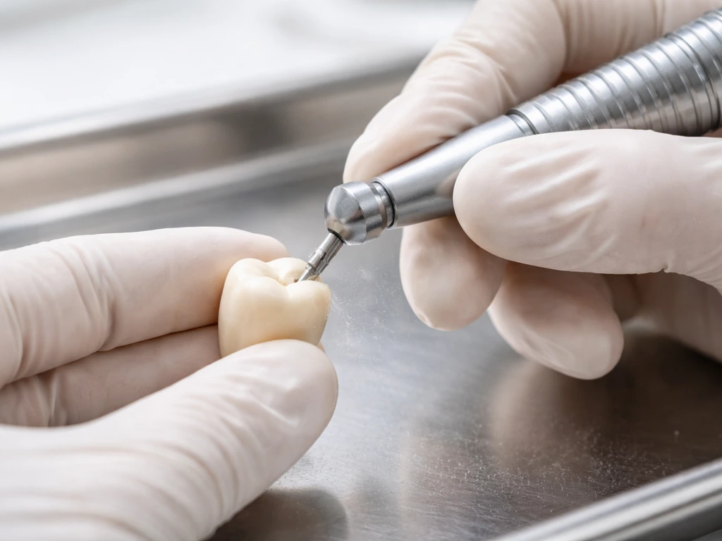 Dentist tools shaping a tooth model on a clean tray under natural light