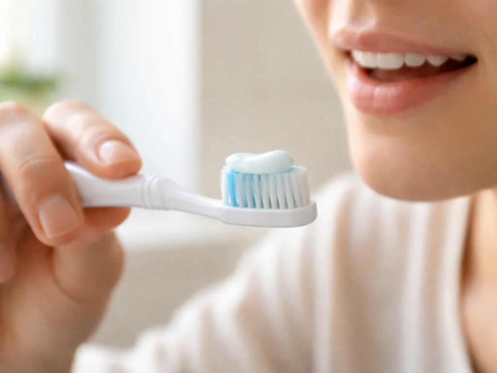 Close-up of hands gently brushing teeth with soft bristles, fluoride toothpaste forming a small visible layer.
