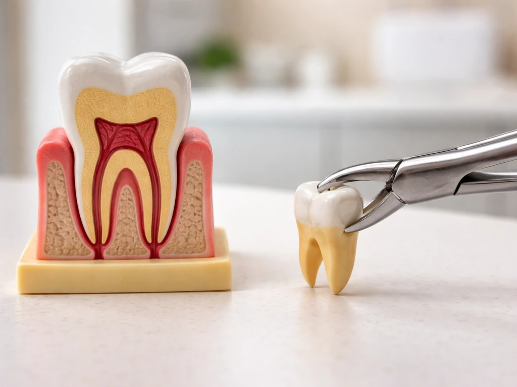 Single tooth and cutaway showing enamel, dentin, and root beside a dental tool in a clinic setting.