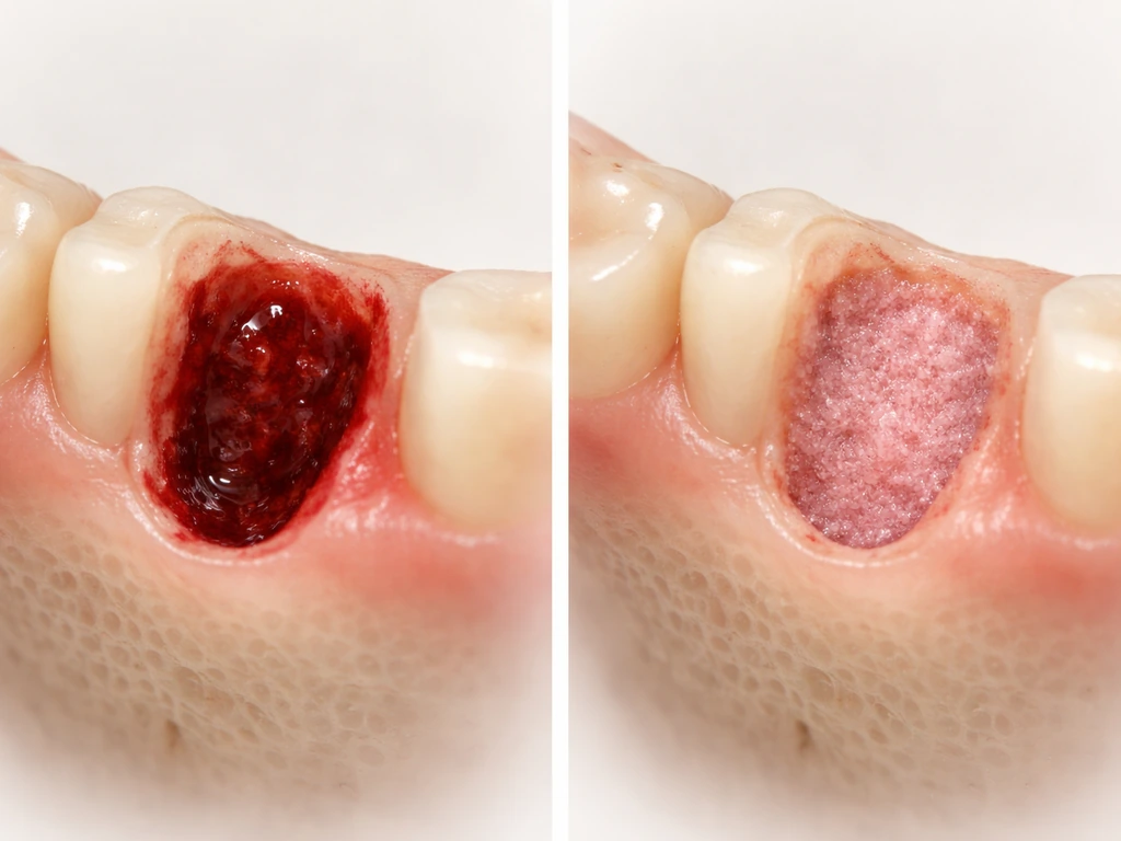 Before/after jaw socket healing stages: early blood clot then granulation and bone remodeling, showing lateral ridge ris