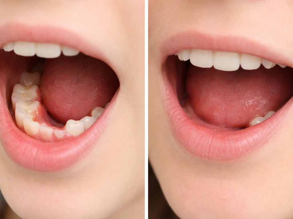 Two-panel image: teen erupting permanent tooth behind baby teeth vs adult healed empty extraction site.
