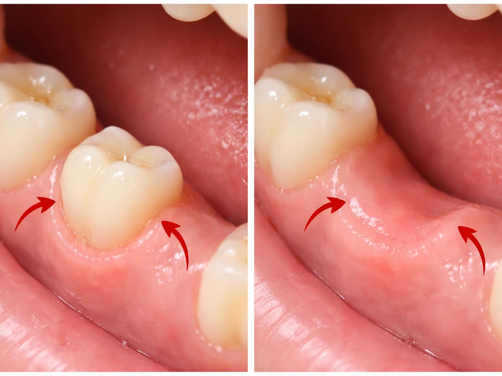 Split-screen dental close-ups: left tooth erupting, right gum healing after extraction with arrows only.