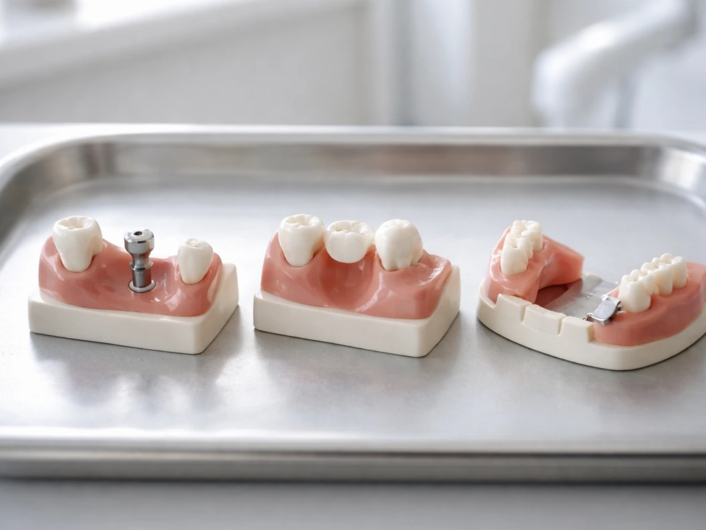 Dental tray showing implant with healing abutment, bridge, and removable denture for a missing tooth gap.