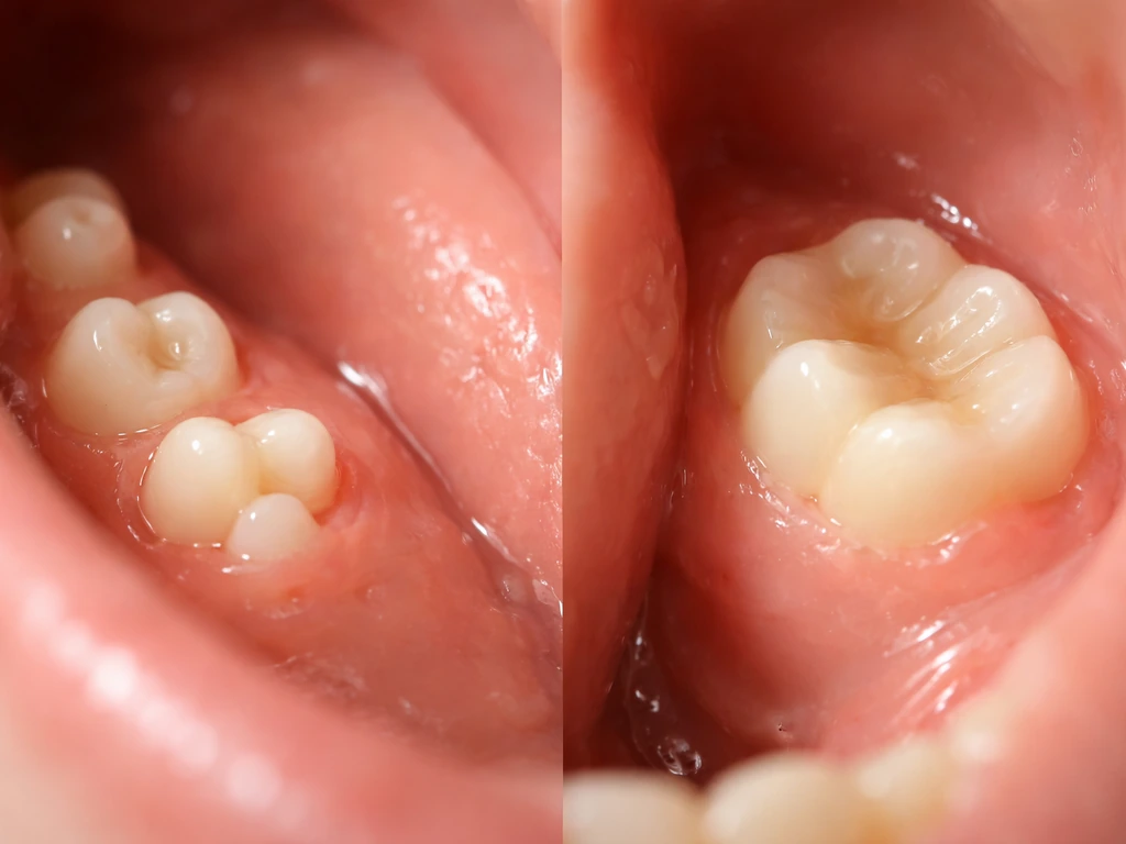 Close-up of a child’s mouth with baby teeth and an adjacent adult back molar erupting, minimal dental setting