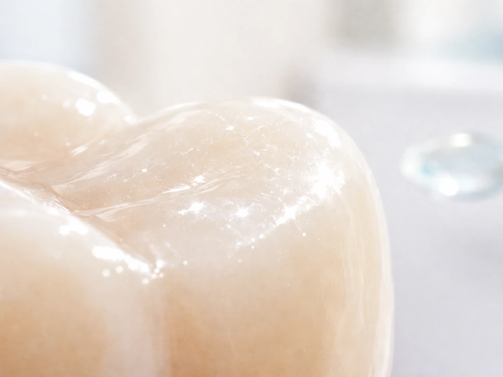 Close-up of a glossy tooth surface with subtle mineral sparkle suggesting enamel remineralization