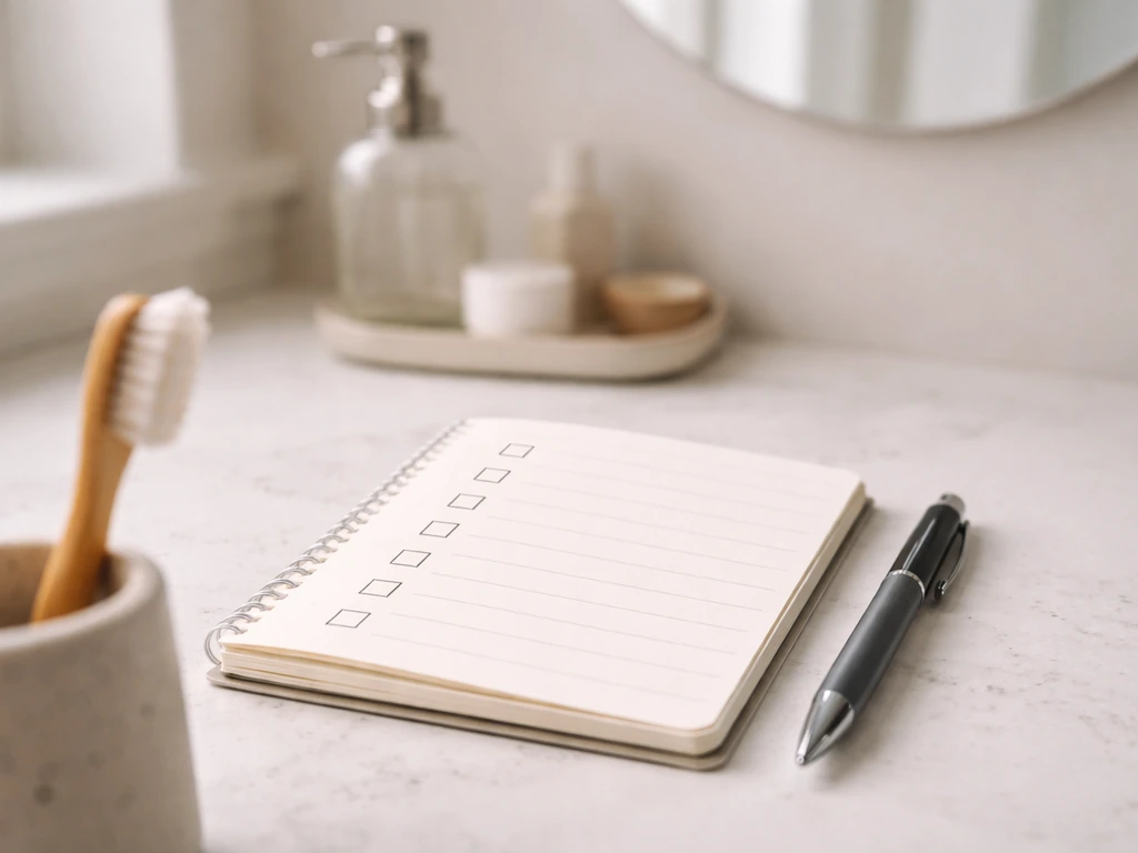 Dental checklist scene with a notebook, pen, and toothbrush on a clean bathroom counter.