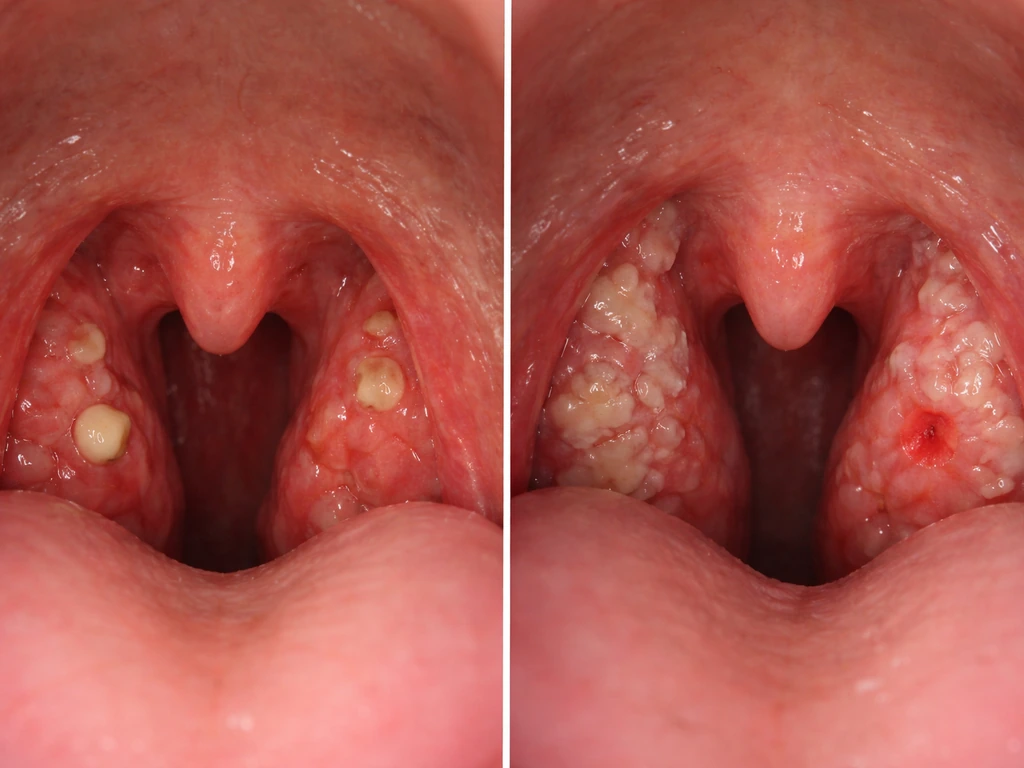 Split close-up of throat: white/yellow tonsil stone plugs on one side, diffuse exudate and ulcer on the other.