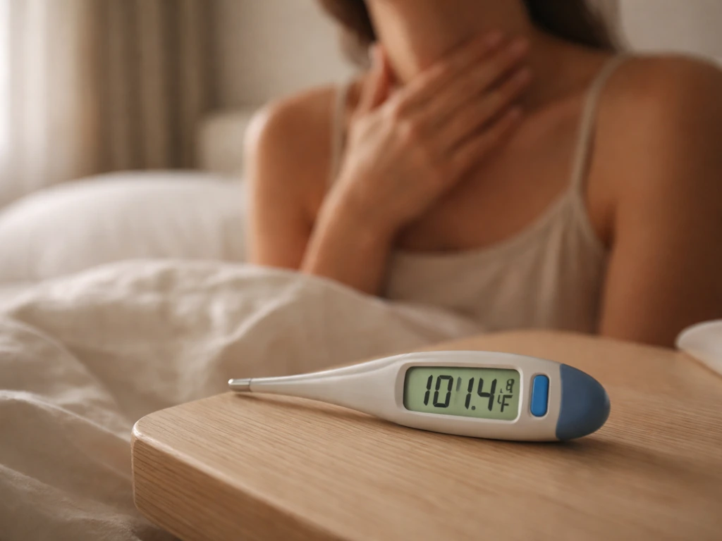 Close-up of a thermometer showing high fever next to a hand resting on the throat, suggesting red-flag symptoms.