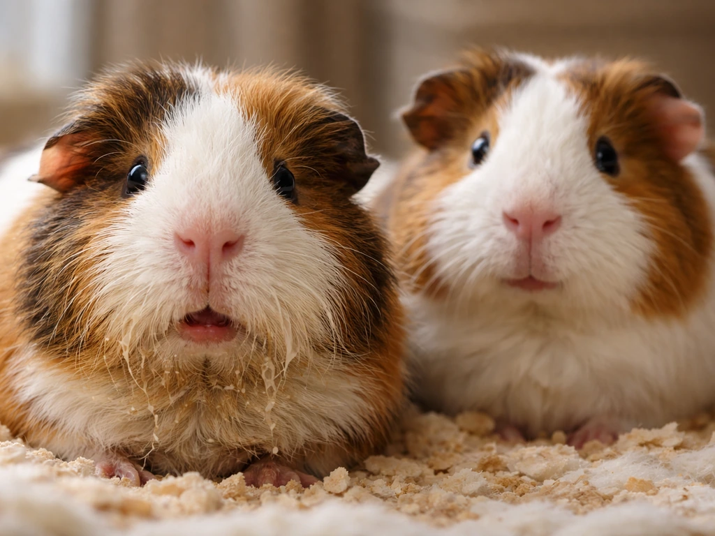 Guinea pig with wet matted chin suggesting drooling, contrasted with a nearby healthy-looking guinea pig.