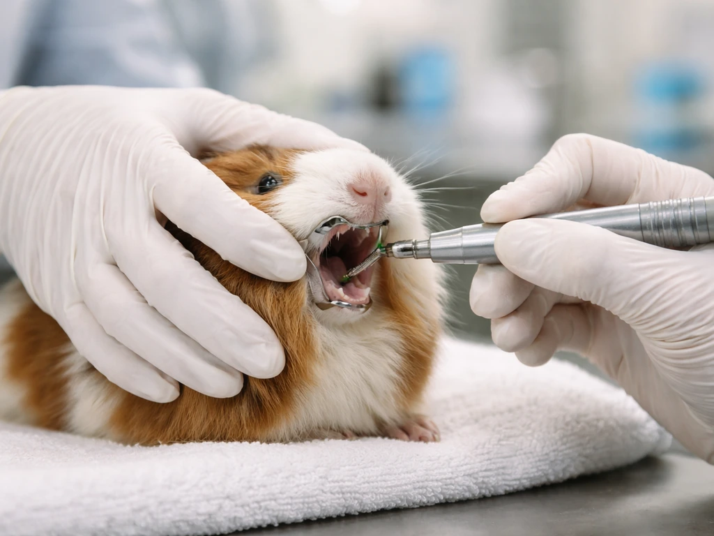 Veterinarian using a handheld dental burr with a mouth speculum to treat a guinea pig’s cheek teeth.