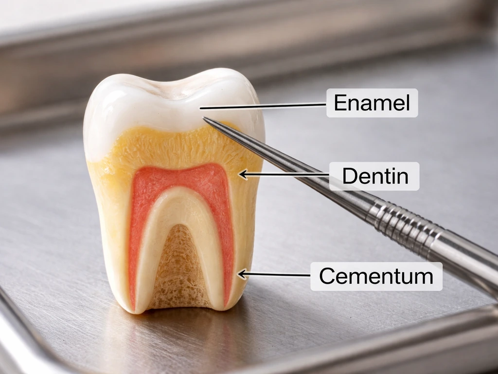 Tooth model showing enamel outer layer and dentin underneath