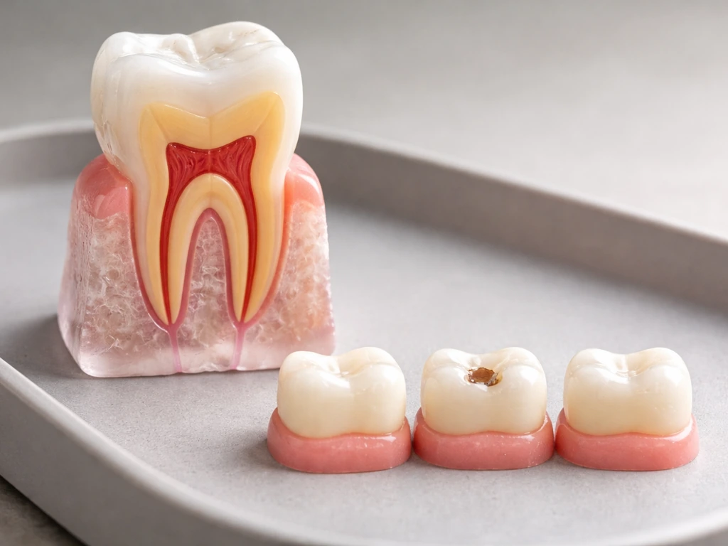 Close-up of a tooth cross-section model with gum and three distinct tooth conditions on a tray.