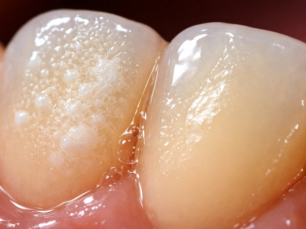 Macro view of tooth enamel white-spot lesions with a fluoride film causing subtle rehardening texture shift.