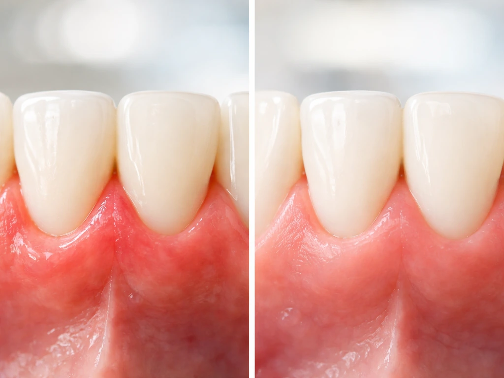 Side-by-side macro gums image: left inflamed red gums, right calmer healthier gums near tooth line.