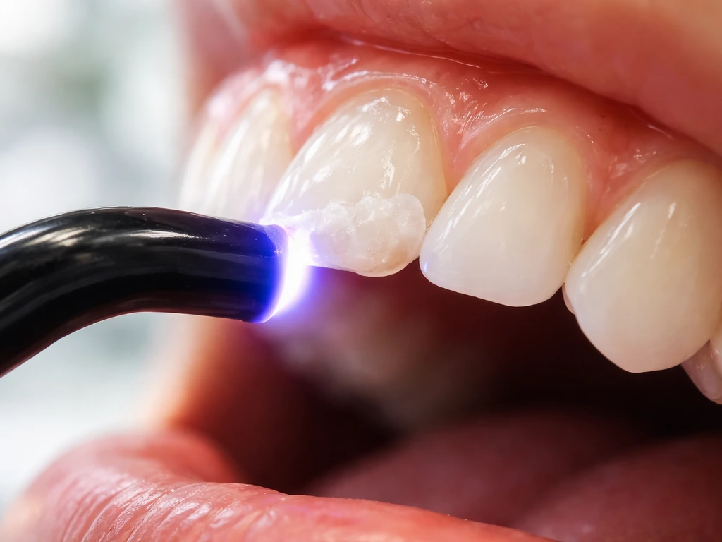Macro close-up of a chipped tooth with tooth-colored composite bonding in a dental clinic.