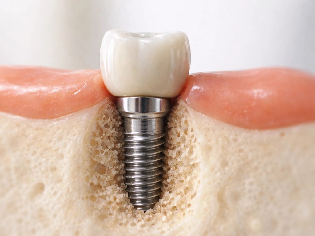Close-up of a dental implant concept showing a titanium post in jawbone with a crown ready above.