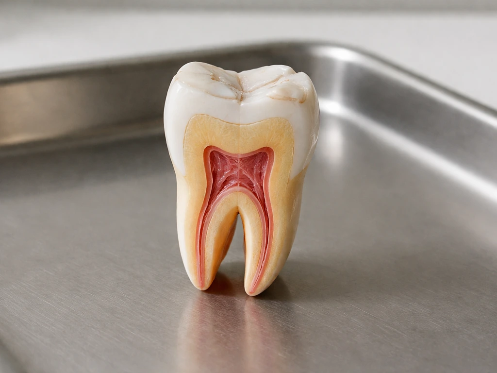Close-up of a tooth with a small enamel chip, showing enamel, dentin, and pulp layers.