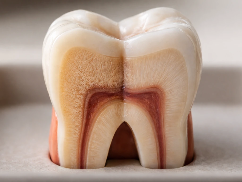 Macro of exposed dentin vs surrounding dentin on a tooth model, showing limited secondary dentin layering