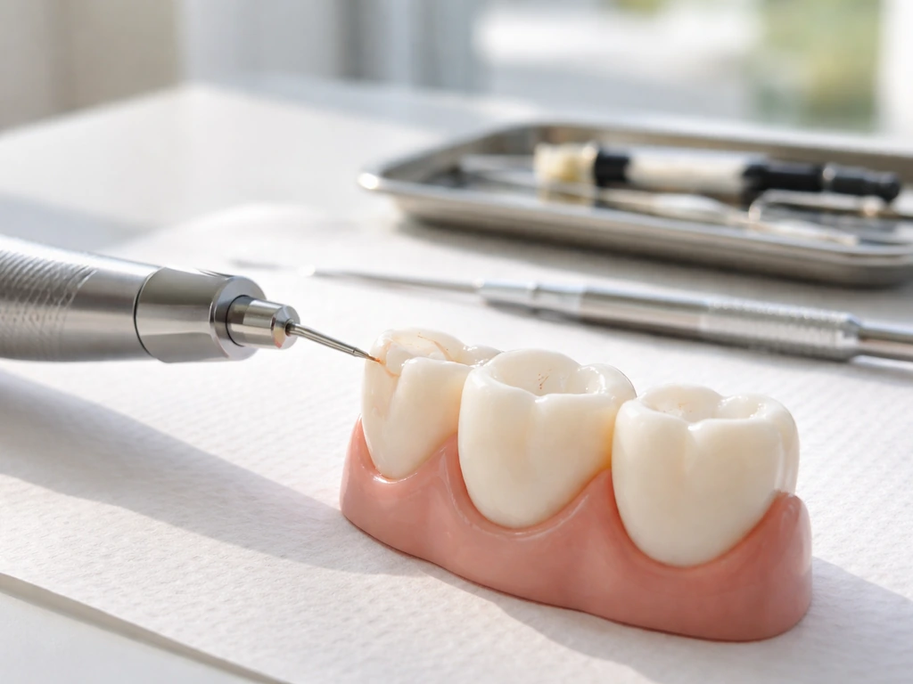 Tooth model with a small chip being repaired with tooth-colored dental bonding in a dentist room.