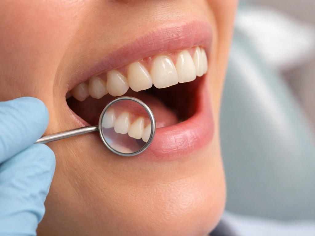 Close-up view of a dentist explaining gumline recession beside a mirror for a patient-focused dental scene