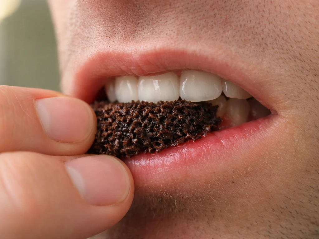 Close-up of smokeless dip pressed against a gumline with mild redness from direct contact.