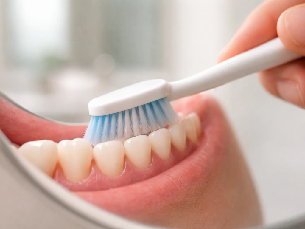 Close-up of a soft toothbrush held at a 45-degree angle to the gumline during gentle brushing.